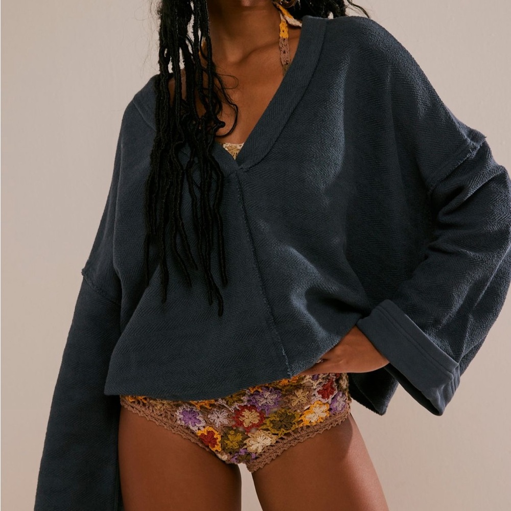 Free People Off-Shoulder Navy Sweater - Picture 4 of 5
